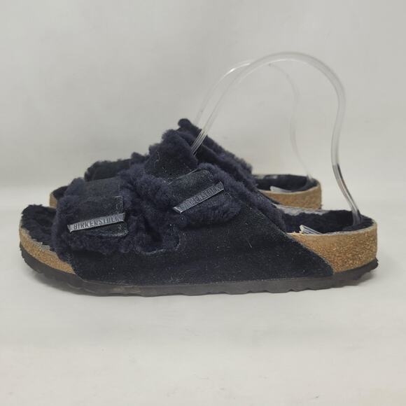 Birkenstock Arizona Sandals Women EU38 US7 Black Shearling Suede Slip On Comfort - Picture 4 of 9